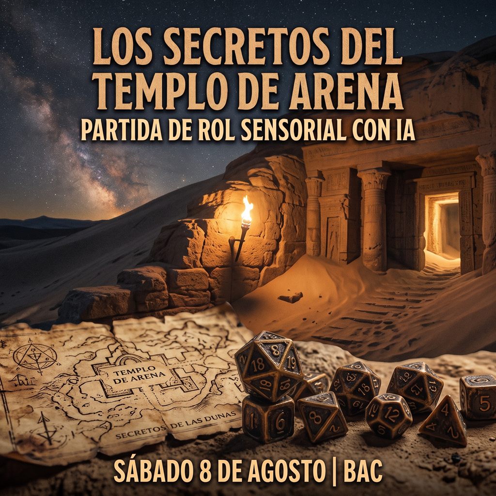 Ruinas de un templo egipcio semienterrado en la arena bajo un cielo estrellado, con una antorcha encendida junto a la entrada iluminada. En primer plano, un mapa antiguo del templo y varios dados de rol. El cartel anuncia: Los Secretos del Templo de Arena, partida de rol sensorial con inteligencia artificial, sábado 8 de agosto, BAC.